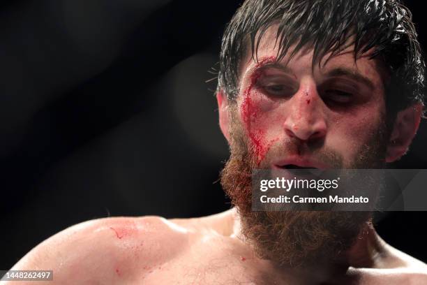 Magomed Ankalaev of Russia reacts in his corner between rounds against Jan Blachowicz of Poland in their UFC light heavyweight championship fight...
