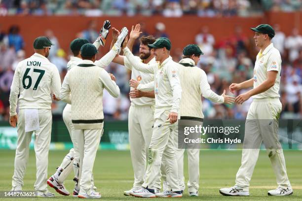 Australia celebrate winning on day four of the Second Test Match in the series between Australia and the West Indies at Adelaide Oval on December 11,...