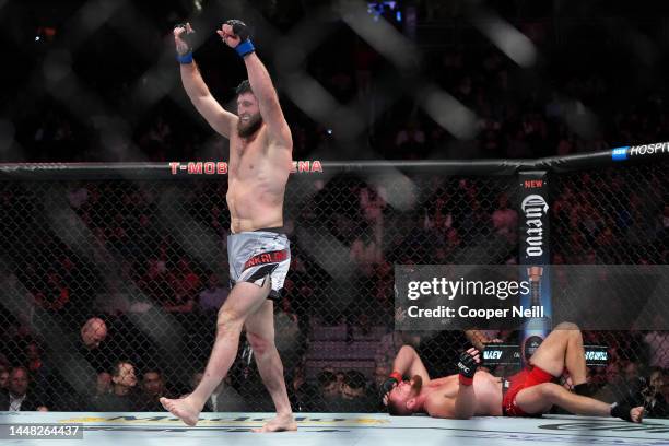 Magomed Ankalaev of Russia reacts after finishing five rounds with Jan Blachowicz of Poland in their UFC light heavyweight championship fight during...