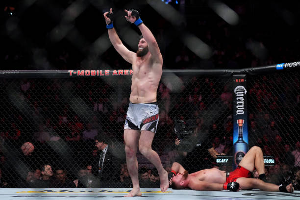 Magomed Ankalaev of Russia reacts after finishing five rounds with Jan Blachowicz of Poland in their UFC light heavyweight championship fight during...
