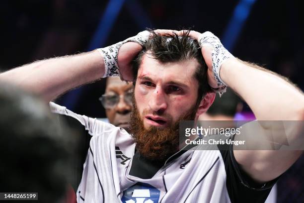 Magomed Ankalaev of Russia reacts after his split draw decision against Jan Blachowicz of Poland in their UFC light heavyweight championship fight...