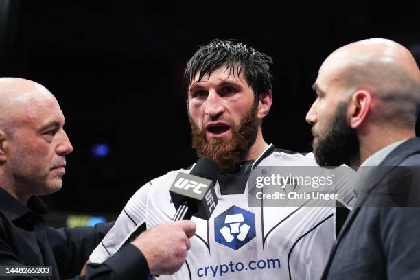 Magomed Ankalaev of Russia reacts after his split draw decision against Jan Blachowicz of Poland in their UFC light heavyweight championship fight...