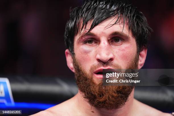 Magomed Ankalaev of Russia reacts after his split draw decision against Jan Blachowicz of Poland in their UFC light heavyweight championship fight...