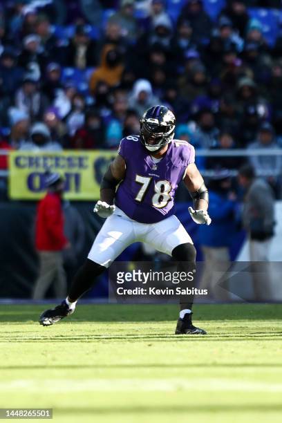 Morgan Moses of the Baltimore Ravens blocks during an NFL football game against the Carolina Panthers at M&T Bank Stadium on November 20, 2022 in...