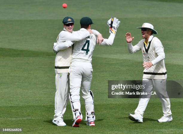 Alex Carey of Australia celebrates after catching the last wicket of Alzarri Joseph of West Indies with Steve Smith and Marnus Labuschagne of...