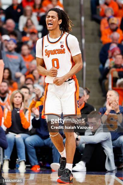 Chris Bell of the Syracuse Orange reacts to a play against the Georgetown Hoyas during the second half at JMA Wireless Dome on December 10, 2022 in...