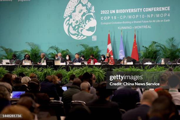 Huang Runqiu , president of COP15, and China's minister of ecology and environment, delivers a speech during the United Nations Biodiversity...