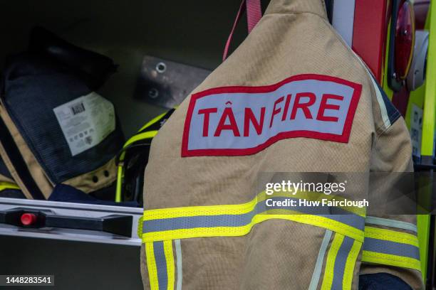 View of a Fire fighters jacket hung on a Fire Tender during a community Engagement exercise on December 10, 2022 in Bargoed, Wales. The Fire Brigades...