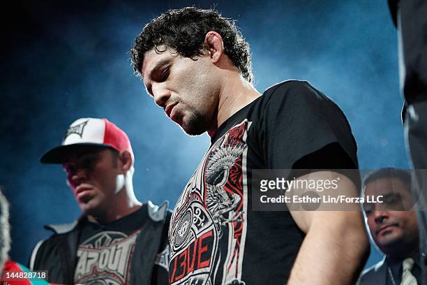 Gilbert Melendez prepares to enter the cage before his fight with Josh Thomson during the Strikeforce event at HP Pavilion on May 19, 2012 in San...