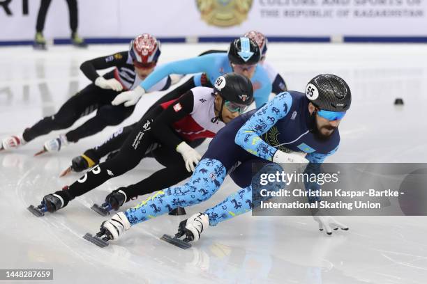 Denis Nikisha of Kazakhstan compete in Men's 500m semi-final race during the ISU World Cup Short Track at Halyk Arena on December 10, 2022 in Almaty,...