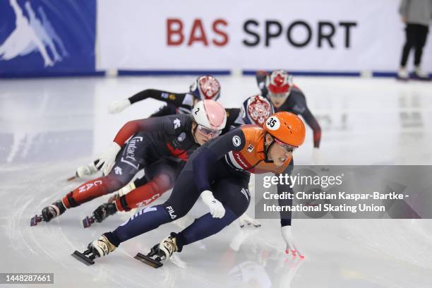 Suzanne Schulting of Netherlands and Kim Boutin of Canada compete in Women's 500m semi-final race during the ISU World Cup Short Track at Halyk Arena...