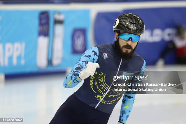 Denis Nikisha of Kazakhstan reacts after Men's semi-final race during the ISU World Cup Short Track at Halyk Arena on December 10, 2022 in Almaty,...