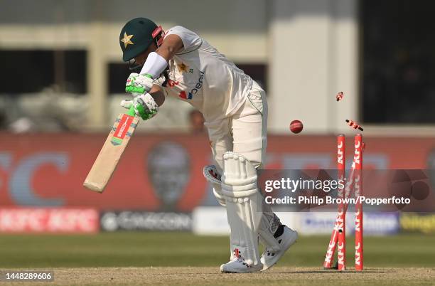 Mohammad Rizwan of Pakistan is bowled by James Anderson of England during the third day of the second Test between Pakistan and England at Multan...