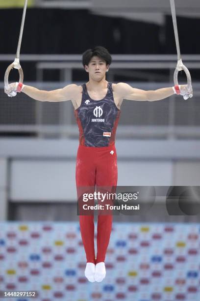 Daiki Hashimoto competes in the men's rings during day two of the 76th All Japan Artistic Gymnastics Team Championships at Sun Dome Fukui on December...