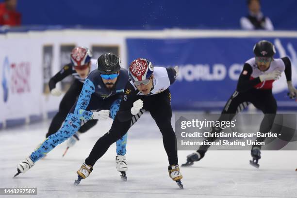 Taesung Lee of Korea and Denis Nikisha of Kazakhstan compete in Men's 500m Final A race during the ISU World Cup Short Track at Halyk Arena on...