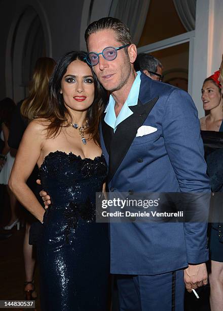 Actress Salma Hayek and Lapo Elkann arrive at Vanity Fair and Gucci Party at Hotel Du Cap during 65th Annual Cannes Film Festival on May 19, 2012 in...