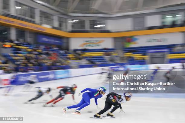 Thomas Nadalini of Italy competes for Team Italy in Men's 5000m Relay race during the ISU World Cup Short Track at Halyk Arena on December 11, 2022...
