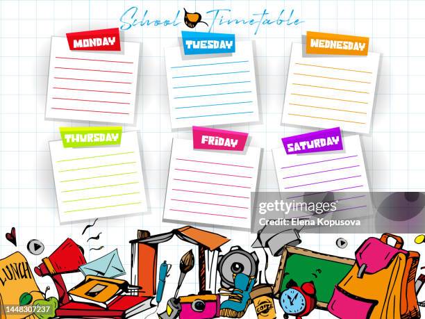 weekly, diary, planning concept in school style. to-do list for the week in a notebook with hand-drawings on an abstract color background. - elementary school background stock illustrations