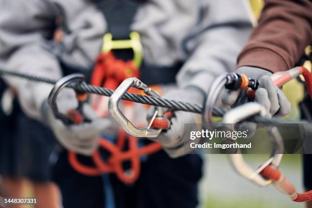 crianças adolescentes se divertindo no parque de aventura do curso de cordas - safety harness - fotografias e filmes do acervo