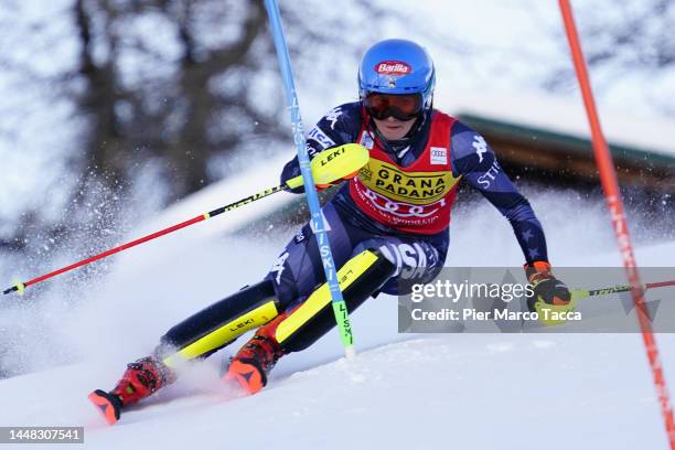 Mikaela Shiffrin of United States Team on course during the Audi FIS Alpine Ski World Cup Women's Slalom on December 11, 2022 in Sestriere, Italy.