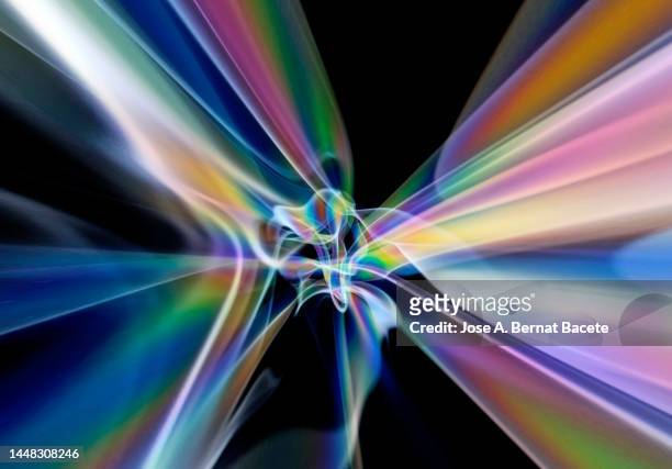 multicolored light trails with vanishing point on a black background. - spreading imagens e fotografias de stock