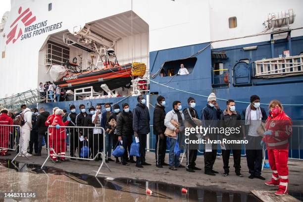 Migrants during the disembarking operations from the ship Geo Barents on December 11, 2022 in Salerno, Italy. 248 migrants rescued by the Geo Barents...