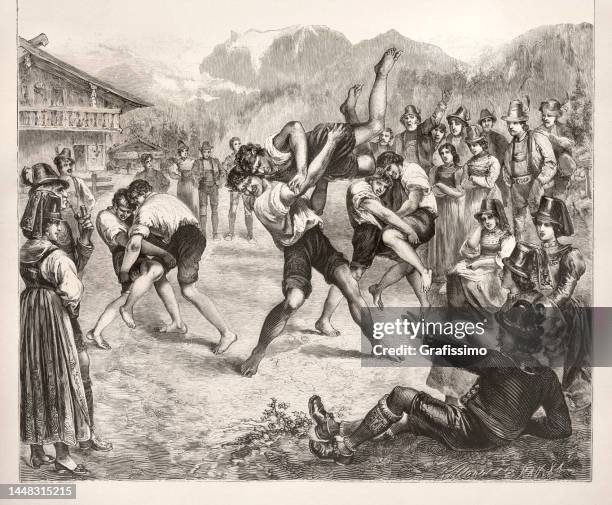 traditional recreational wrestling game in tirol austria 1888 - european alps stock illustrations