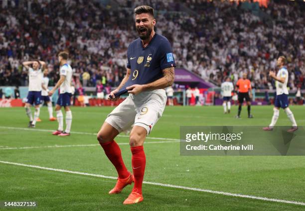 Olivier Giroud of France celebrates after scoring his teams second goal during the FIFA World Cup Qatar 2022 quarter final match between England and...
