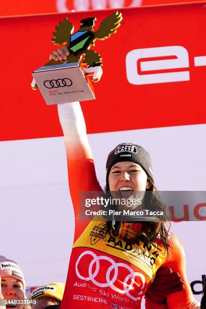 Wendy Holdener Team Switzerland celebrates her first place during the Audi FIS Alpine Ski World Cup Women's Slalom on December 11, 2022 in Sestriere,...