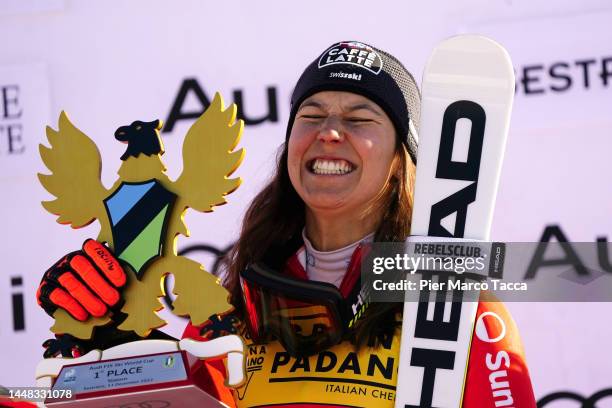 Wendy Holdener Team Switzerland celebrates her first place during the Audi FIS Alpine Ski World Cup Women's Slalom on December 11, 2022 in Sestriere,...
