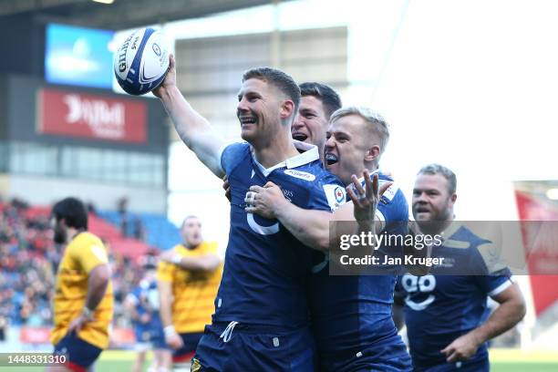 Rob du Preez of Sale Sharks celebrates scoring a try during the Heineken Champions Cup match between Sale Sharks and Ulster Rugby at AJ Bell Stadium...