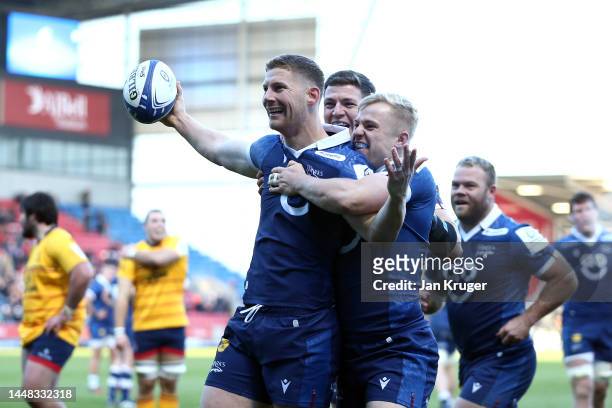 Rob du Preez of Sale Sharks celebrates scoring a try during the Heineken Champions Cup match between Sale Sharks and Ulster Rugby at AJ Bell Stadium...