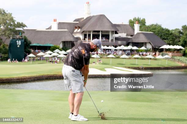 Ockie Strydom of South Africa plays his third shot on the 18th hole during Day Four of the Alfred Dunhill Championship at Leopard Creek Country Club...