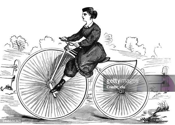 ilustraciones, imágenes clip art, dibujos animados e iconos de stock de mujer montando un velocípedo - montar