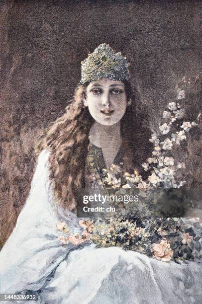 stockillustraties, clipart, cartoons en iconen met young woman with long brown hair and a crown holding a large bouquet of flowers, seated, facing the viewer, cheerful, toothy smile - toothy smile