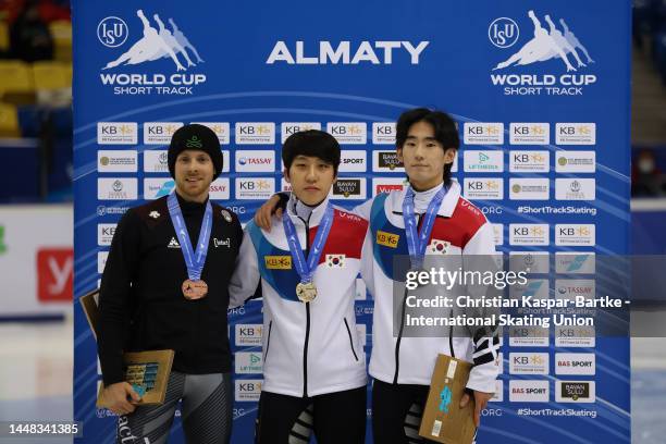 Pascal Dion of Canada , Jiwon Park of Korea and Kyunghwan Hong of Korea pose on podium after medal ceremony of Men's 1500m Final A race during the...