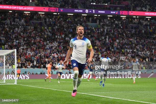 Harry Kane of England celebrates after scoring a penalty during the FIFA World Cup Qatar 2022 quarter final match between England and France at Al...