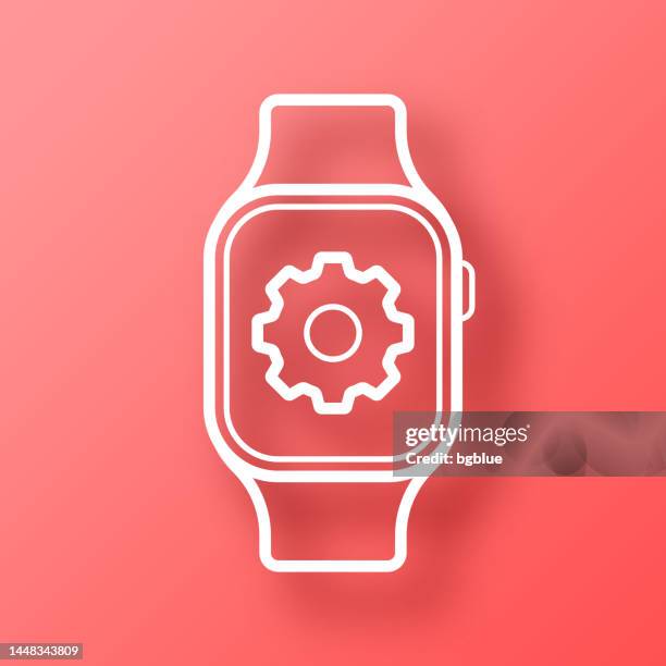 smartwatch settings - gears. icon on red background with shadow - spinning clock stock illustrations