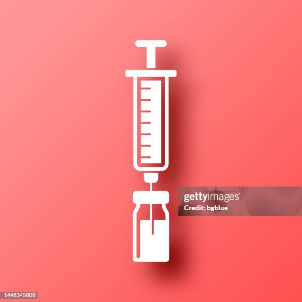 syringe and medicine vial. icon on red background with shadow - controlled substances covid 19 stock illustrations