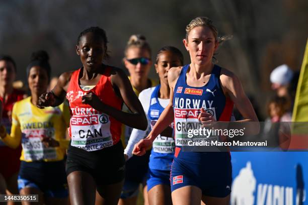 Karoline Bjerkeli Grøvdal of Norway competes in Women Senior Race during the SPAR European Cross Country Championships at Piemonte-La Mandria Park in...