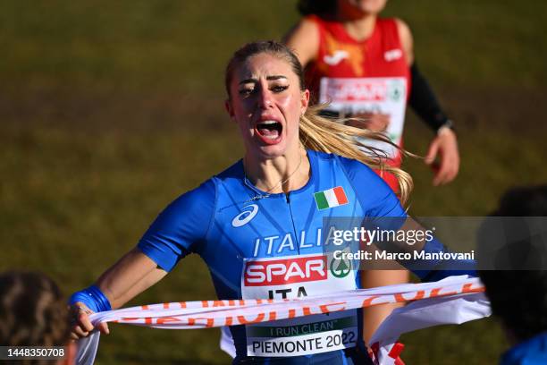 Gaia Sabbatini of Italy celebrates after winning in Mixed Relay during the SPAR European Cross Country Championships at Piemonte-La Mandria Park in...