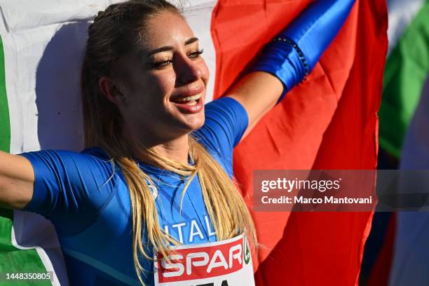 Gaia Sabbatini of Italy celebrates after winning in Mixed Relay during the SPAR European Cross Country Championships at Piemonte-La Mandria Park in...