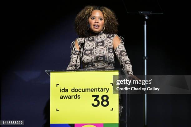 Antonia Hylton speaks onstage during 38th Annual IDA Documentary Awards at Paramount Theatre on December 10, 2022 in Los Angeles, California.