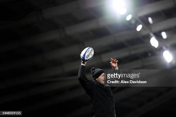 Leicester Tigers Head Coach, Steve Borthwick catches a ball during a lineout drill prior to the Heineken Champions Cup Pool B match between Ospreys...