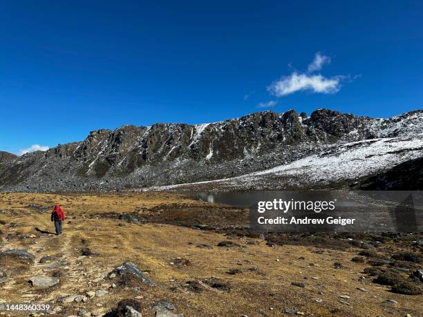 man hiking in vast mountain landscape. - thimphu 個照片及圖片檔