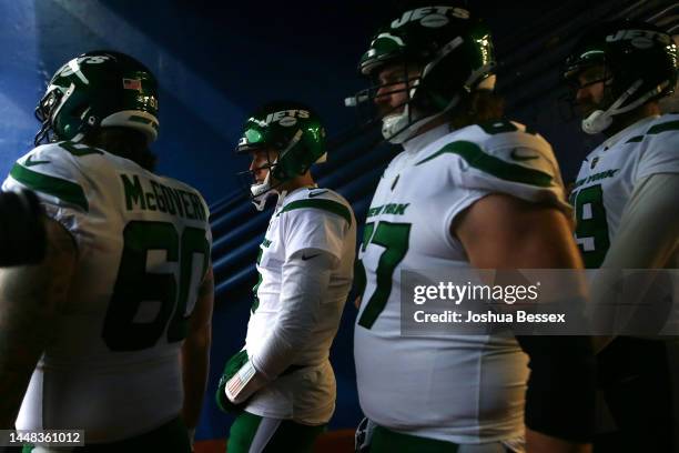 Mike White of the New York Jets and teammates exit the tunnel prior to a game against the Buffalo Bills at Highmark Stadium on December 11, 2022 in...
