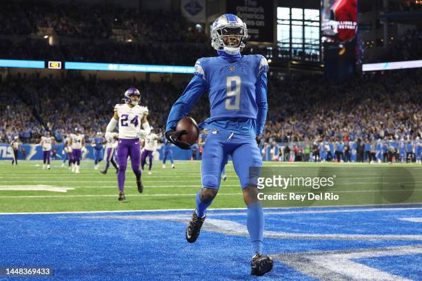 Jameson Williams of the Detroit Lions celebrates a touchdown during the first quarter of the game against the Minnesota Vikings at Ford Field on...