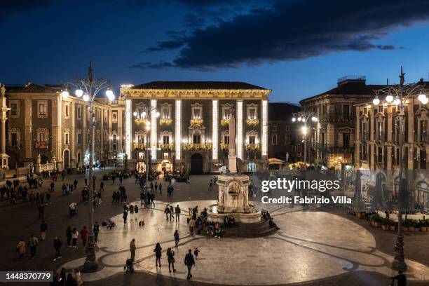Piazza Duomo with Christmas illuminations on 'Chierici' palace on December 11, 2022 in Catania, Italy. Catania is the favourite destination of...