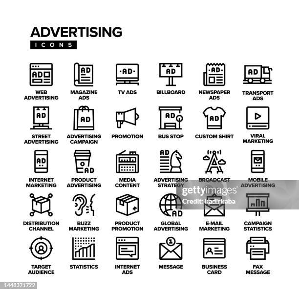 stockillustraties, clipart, cartoons en iconen met advertising related line icon set. marketing, promotion, magazine, billboard, ads, megaphone, mail, internet advertising, video player, media, product advertising, tv advertising, street advertising. - reclamebord commercieel bord