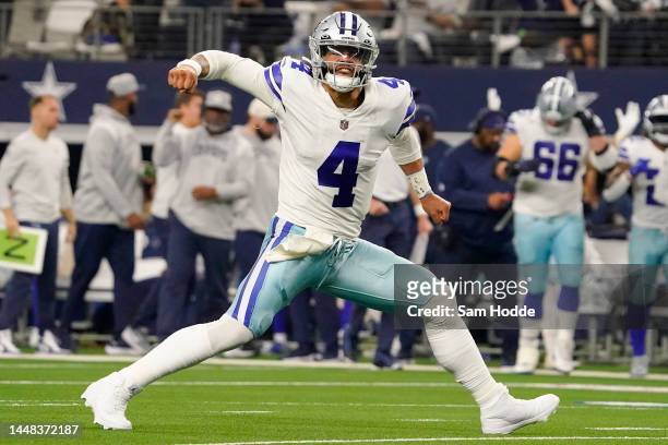 Dak Prescott of the Dallas Cowboys celebrates after a touchdown in second quarter of a game against the Houston Texans at AT&T Stadium on December...